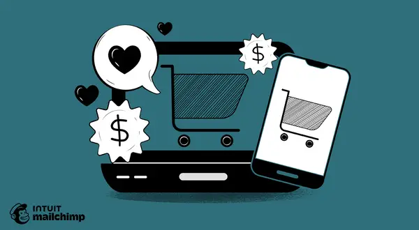 Iconos de carrito de compras, corazones y signos de dólar sobre un portátil y un teléfono, representando el éxito del ecommerce content marketing.