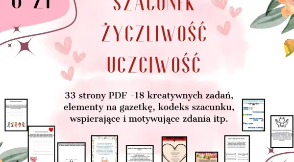 Karta pracy "Szacunek, życzliwość, uczciwość" - 33 strony PDF z zadaniami, elementami na gazetkę i kodeksem szacunku.