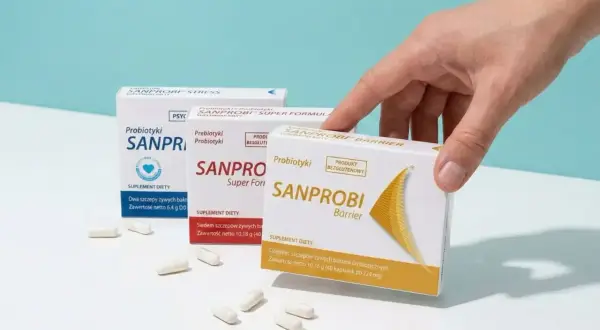 Dłoń sięga po probiotyk na zaparcia Sanprobi Barrier. Na stole leżą też inne opakowania Sanprobi.