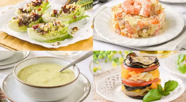 Cuatro deliciosos primeros platos: ensalada de lechuga, ensaladilla rusa con gamba, crema de verduras y torre de verduras asadas.