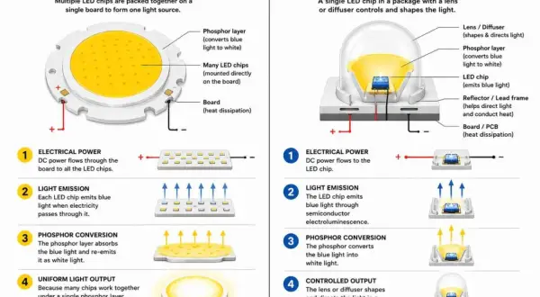 Diagrams show COB lights with many chips on one board for uniform light, and LED lights with a single chip and lens for directed light.