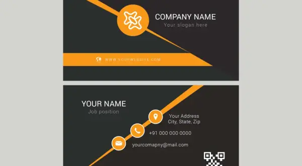 Modern business card template illustrator design with orange accents. Includes company name, website, and contact details.