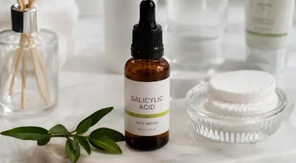 Serum z kwasem salicylowym 2% do twarzy, obok waciki i zielona gałązka.