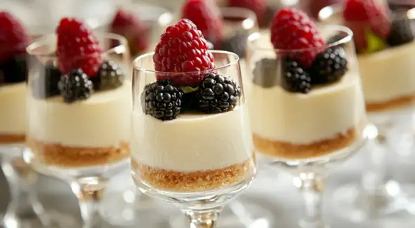 Små glas med cheesecake, toppade med hallon och björnbär. Ett perfekt hallon recept för festen!