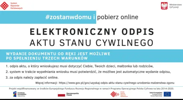 Grafika przedstawia nagłówek "ELEKTRONICZNY ODPIS AKTU STANU CYWILNEGO" z hasłem #zostanwdomu.