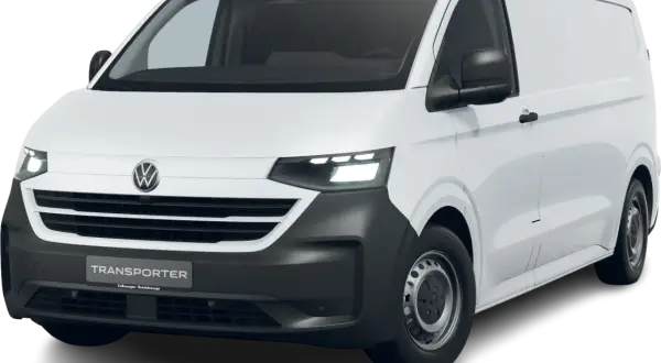 Biały transporter T7 z czarnym zderzakiem i nowoczesnymi światłami LED.