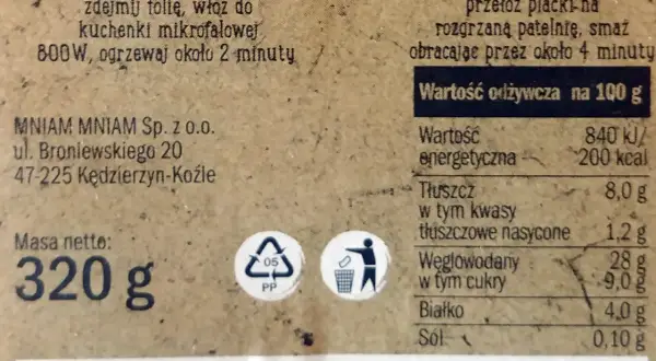 Fragment opakowania z informacją o masie netto 320 g i wartościach odżywczych.