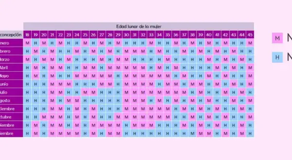Calendario mensual 2026 para predecir el sexo del bebé. M para niña, H para niño.