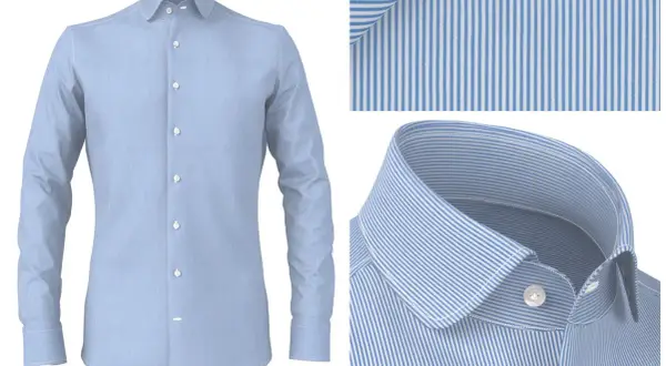 Camicia azzurra a righe bianche, con dettagli del tessuto e del colletto.