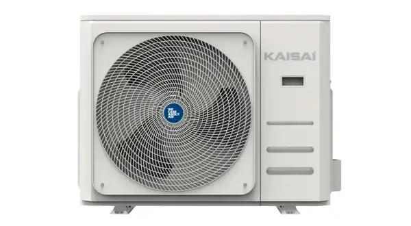 Biała pompa powietrze powietrze KAISAI z dużą kratką wentylatora i niebieskim logo "We Care About Air".