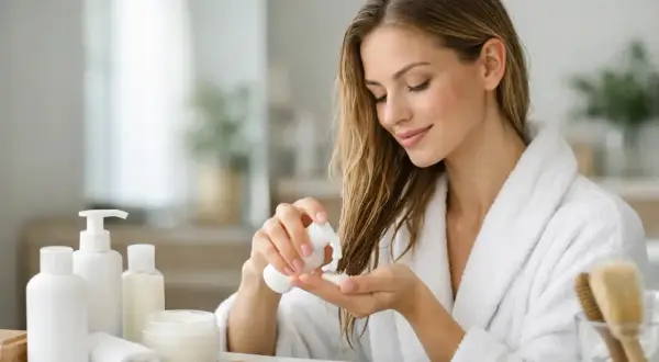 Kobieta w szlafroku aplikuje Olaplex 8 na mokre włosy. Zobacz, jak stosować ten produkt dla najlepszych efektów.