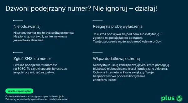 Nie ignoruj podejrzanych numerów! Przykłady spoofingu: nie oddzwaniaj, zgłoś SMS na 8080, reaguj na wyłudzenia. Włącz ochronę.