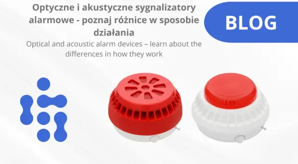 Dwa sygnalizatory akustyczno optyczne, jeden czerwony, drugi biało-czerwony, obok niebieskiego logo.