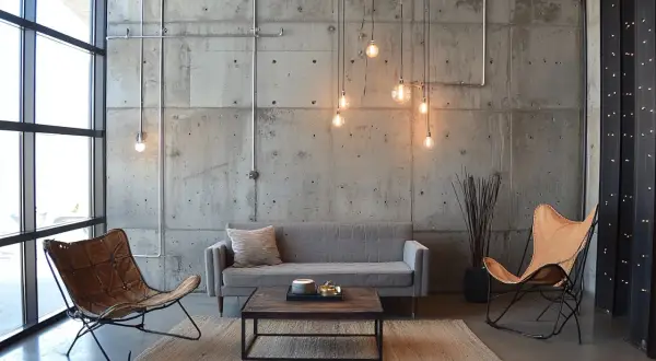 Salon w industrialnym stylu: szara kanapa, dwa fotele (jeden skórzany, drugi z brązowej skóry), drewniany stolik kawowy, betonowa ściana z widocznymi instalacjami i lampami.