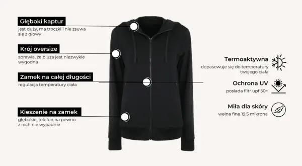 Czarna bluza z kapturem 100% Merino, krój oversize, termoaktywna, z ochroną UV i kieszeniami na zamek. Idealna bluza polaris na co dzień.