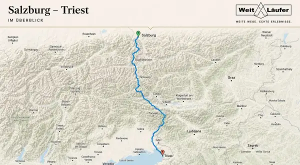 Karte zeigt die Route von Salzburg nach Triest, ideal für fernwanderwege in Frankreich.