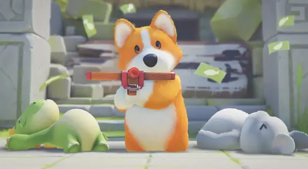 Corgi z kuszą, obok śpiący zielony dinozaur i biały słoń. Jakim zwierzęciem jesteś?