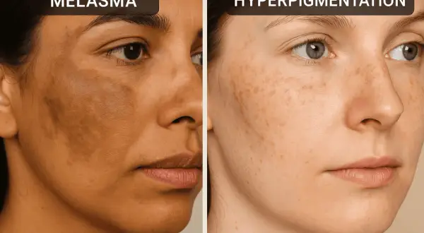 Vergleich von Melasma im Gesicht mit diffuser Hyperpigmentierung.