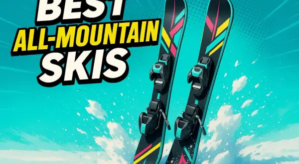 Dwie pary nart all mountain z kolorowymi akcentami, gotowe na zjazd po ośnieżonych stokach.