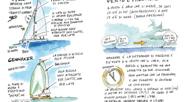 Disegno di una barca a vela con bambini, illustra le parti della vela e il vento.