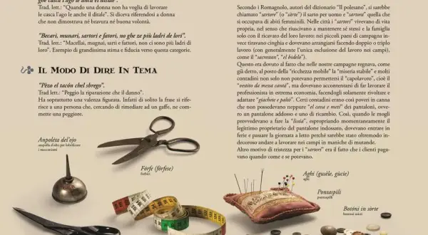 Forbici, metro, ditale e bottoni: strumenti che evocano i mestieri legati ai cognomi milanesi, un tempo fondamentali per la vita quotidiana.