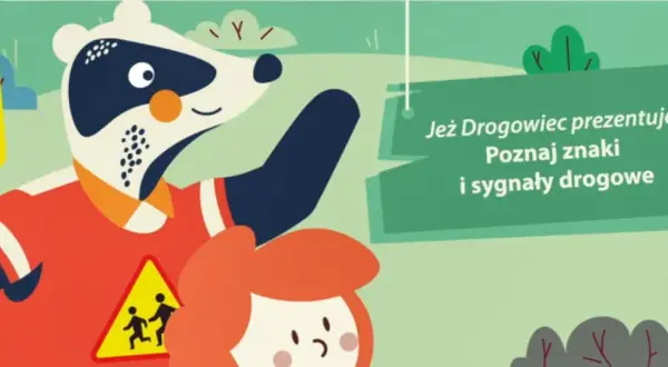 Jeż drogowiec w pomarańczowej kamizelce pokazuje znak ostrzegawczy z dziećmi i znak STOP.