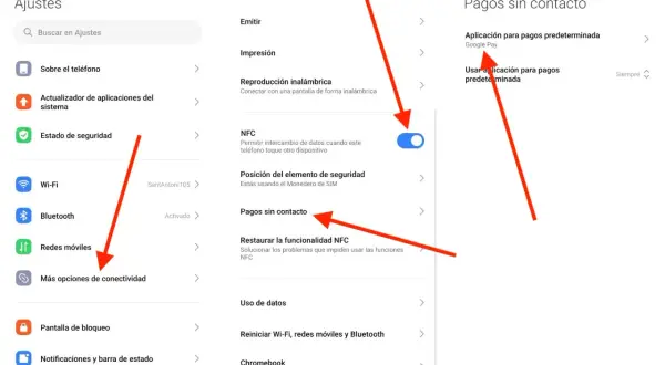 Ajustes de Android para activar NFC y configurar pagos sin contacto con Google Pay.