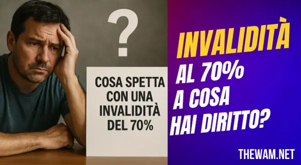 Uomo pensieroso con punto interrogativo. Testo: "Cosa spetta con una invalidità del 70%? Invalidità al 70%, a cosa hai diritto?