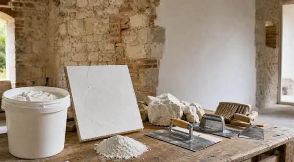 Attrezzi da muratore e secchio di calce idraulica su un tavolo di legno, pronti per il restauro di un muro in pietra.