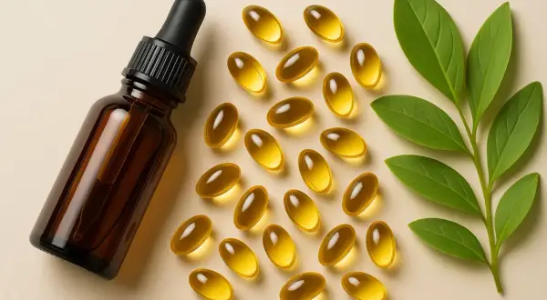 Frasco con gotero y cápsulas de vitamina E, ideal para conocer la vitamina e para que sirve y sus beneficios.