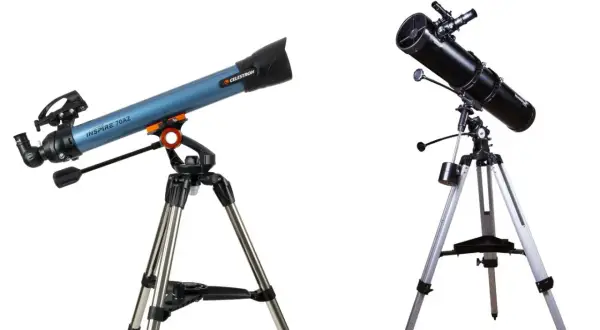 Dwa teleskopy astronomiczne na statywach, jeden niebieski, drugi czarny.