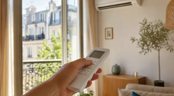 Main tenant utilise la télécommande pour activer le mode froid du climatiseur, profitant d'une brise fraîche dans son appartement parisien.