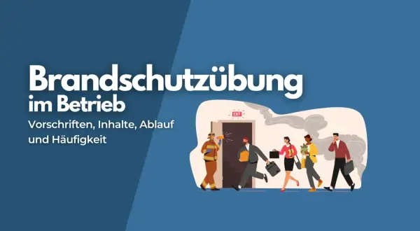 Brandschutzübung im Betrieb: Ein Feuerwehrmann gibt Anweisungen, während Mitarbeiter das Gebäude verlassen. Dies illustriert die Aufgaben des Sicherheitsbeauftragten.