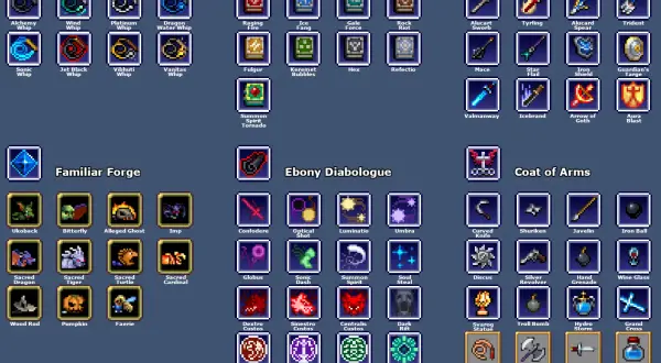 Wykres wyboru broni z Vampire Survivors. Znajdziesz tu wszystkie bronie i ich ulepszenia, podzielone na kategorie: Morning Star, Belnades Spellbook, Spectral Sword, Familiar Forge, Ebony Diabologue i Coat of Arms.