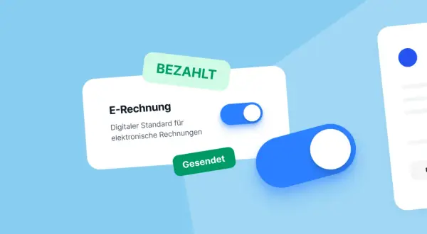 Digitale Rechnungen und Schalter symbolisieren papierloses Arbeiten. "Bezahlt" und "Gesendet" zeigen den Status.