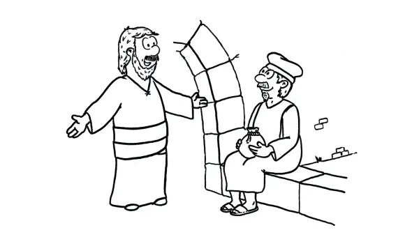 Jesus spricht mit dem Zöllner Matthäus, der seine Steuern zählt. Markus 2, 13-17.