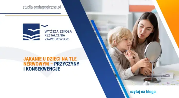 Terapeutka pomaga chłopcu ćwiczyć wymowę przed lustrem, wspierając go w walce z jąkaniem na tle nerwowym.