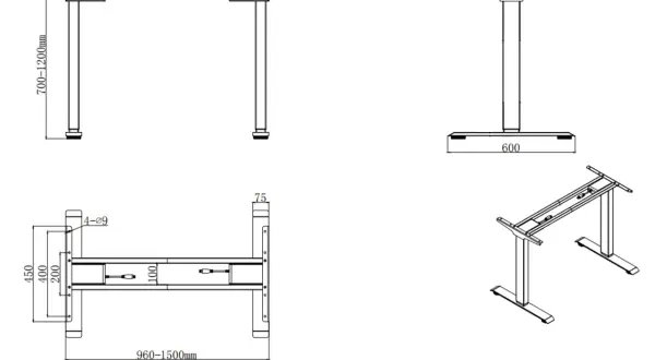 Schemat biurka z podanymi wymiarami: wysokość 700-1200mm, szerokość 960-1500mm, głębokość 450mm.