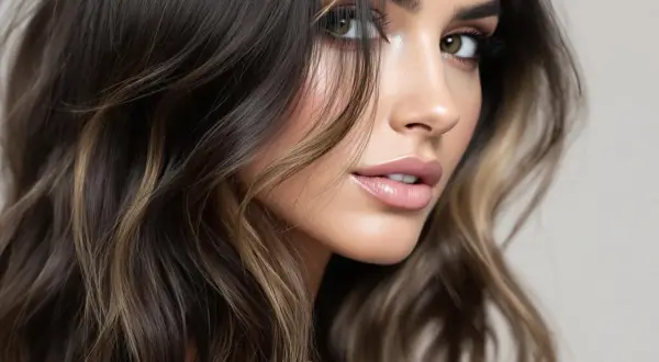 Magnifique femme aux cheveux noirs avec un balayage subtil, mettant en valeur des mèches blondes et châtain.