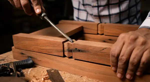 Carpintero usa formón para encajar piezas de madera, un paso clave para como medir un mueble y asegurar uniones perfectas.