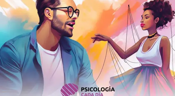 Hombre y mujer como marionetas, sugiriendo el apego intermitente en una pareja.