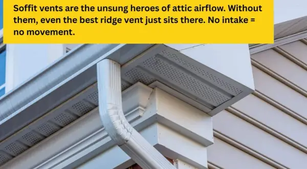 Close-up of soffit vents, a crucial part of roof venting systems, allowing attic airflow.