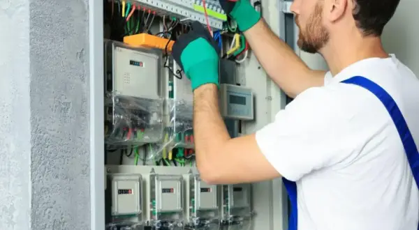 Elektryk sprawdza liczniki, by zapewnić obniżkę za prąd.