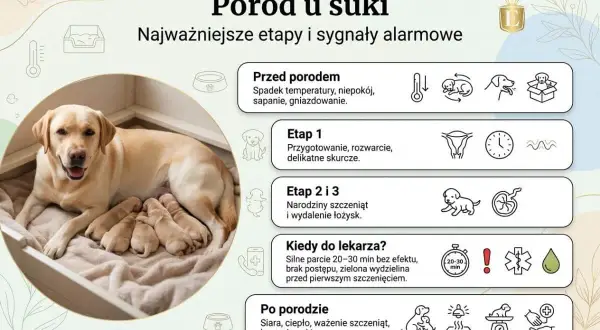 Szczęśliwa suka labrador z kilkoma nowo narodzonymi szczeniętami, ilustrująca etapy porodu psa.
