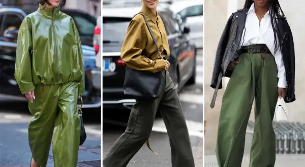 Oliwkowe spodnie damskie w trzech odsłonach: błyszczący total look, elegancka koszula i szerokie nogawki, skórzana kurtka i luźne spodnie.