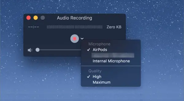 Jak nagrać dźwięk z komputera? QuickTime Player pozwala wybrać mikrofon (AirPods lub wewnętrzny) i jakość nagrania (wysoka/maksymalna).