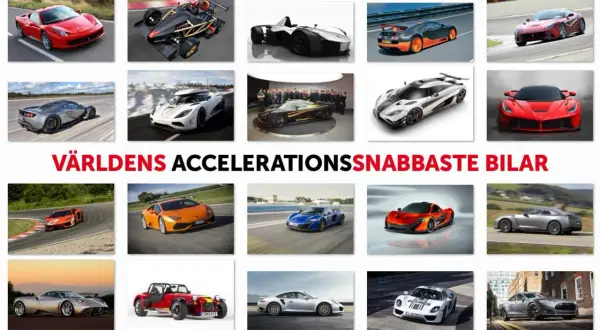 Bilden visar en samling supersnabba bilar, inklusive en röd Ferrari och en vit Koenigsegg. Dessa är exempel på bilar som kan sätta hastighetsrekord.