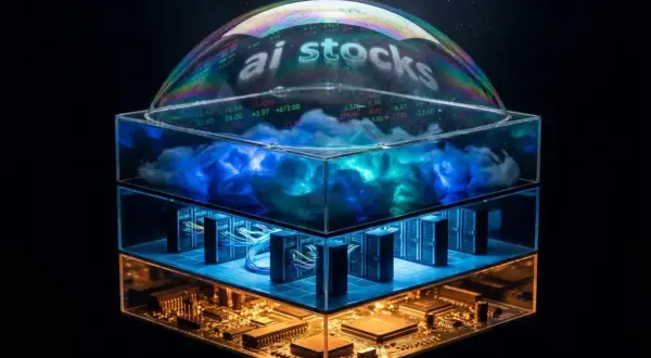 Bańka mydlana z napisem "ai stocks" odbija wykresy giełdowe. Poniżej serwery i płyta główna, symbolizujące technologię stojącą za akcjami.