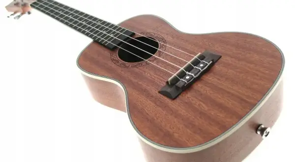 Brązowe ukulele instrument z czterema strunami, ozdobnym rozetą wokół otworu rezonansowego i białym bindingiem.