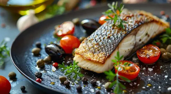 Filet de loup gastronomique, peau croustillante, servi avec tomates cerises rôties, olives, câpres et herbes fraîches. Une recette raffinée.